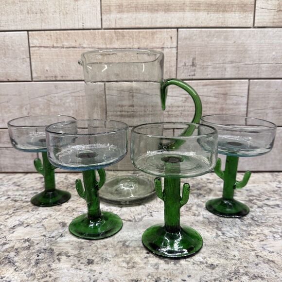 Vintage Saguaro Cactus Hand Blown Mexican Art Glass Margarita Glass 5pc Set - Picture 1 of 16